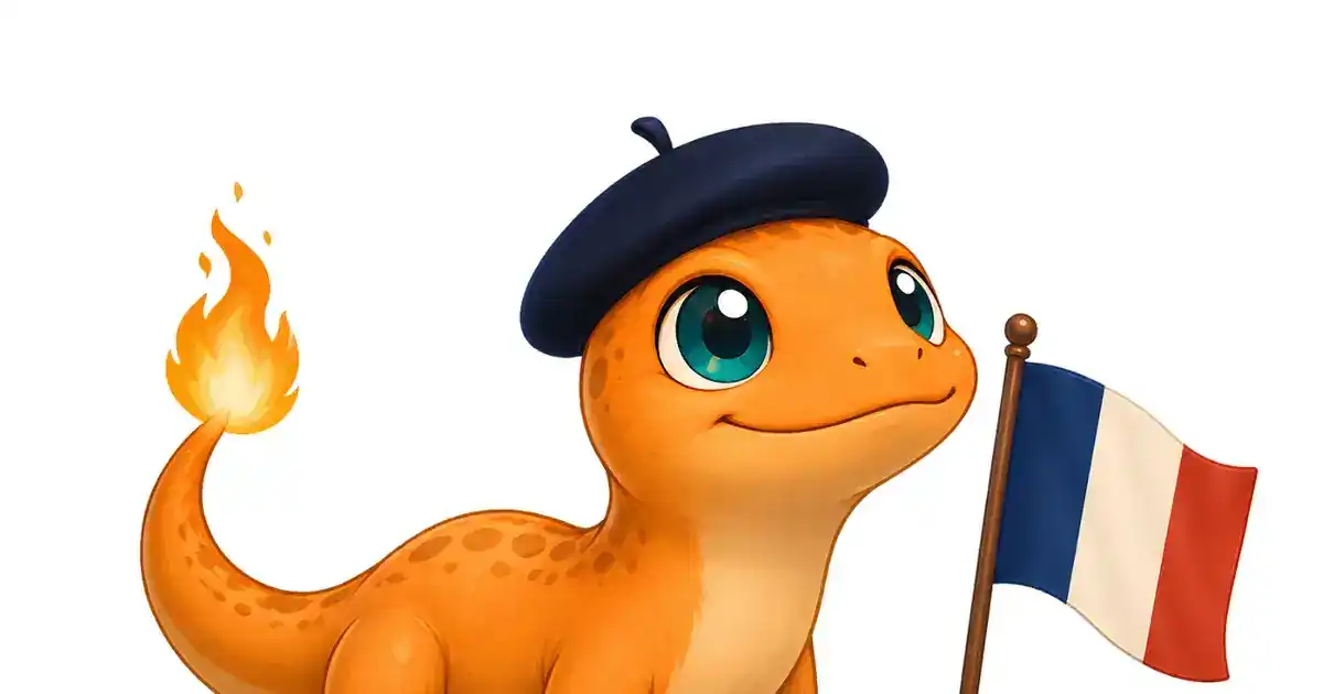 Mandra, a mascote da FalaMandra, de boina azul ao lado de uma pequena bandeira da França