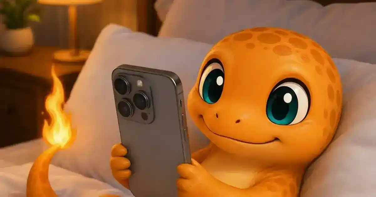 Mandra, a mascote da FalaMandra, deitada na cama praticando francês pelo celular
