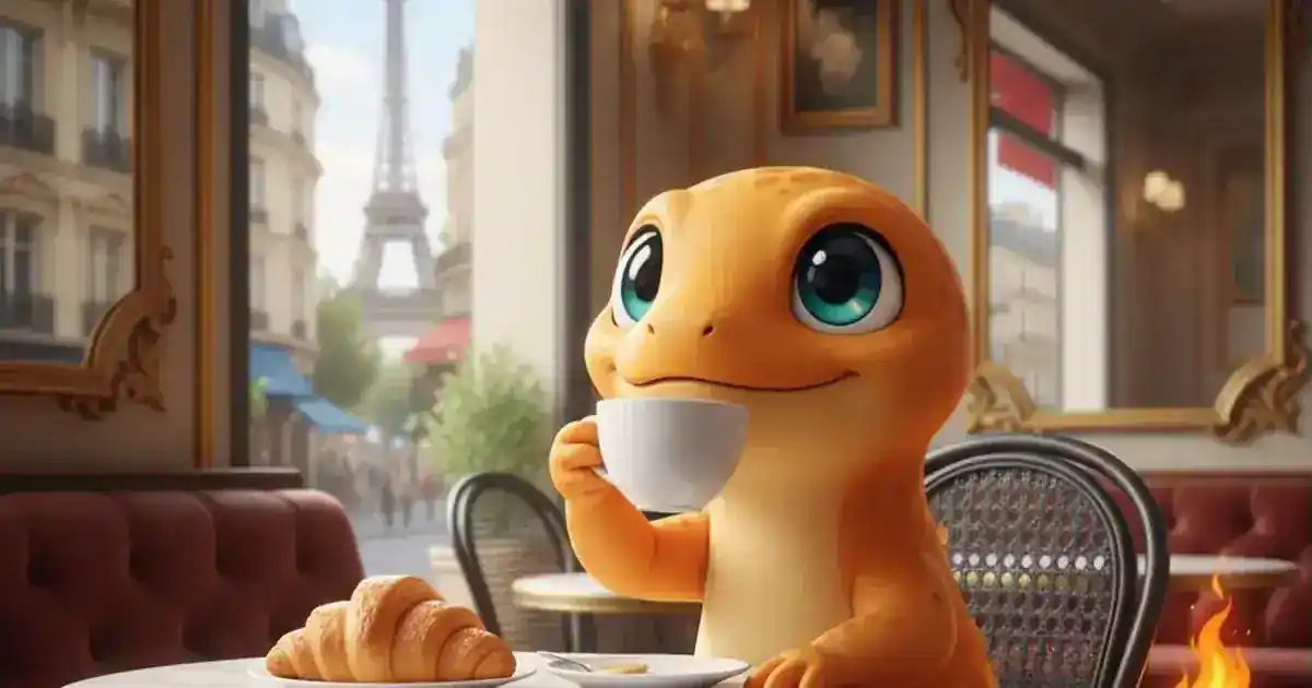 Mandra, a mascote da FalaMandra, tomando café com croissant num café parisiense, com a Torre Eiffel na janela