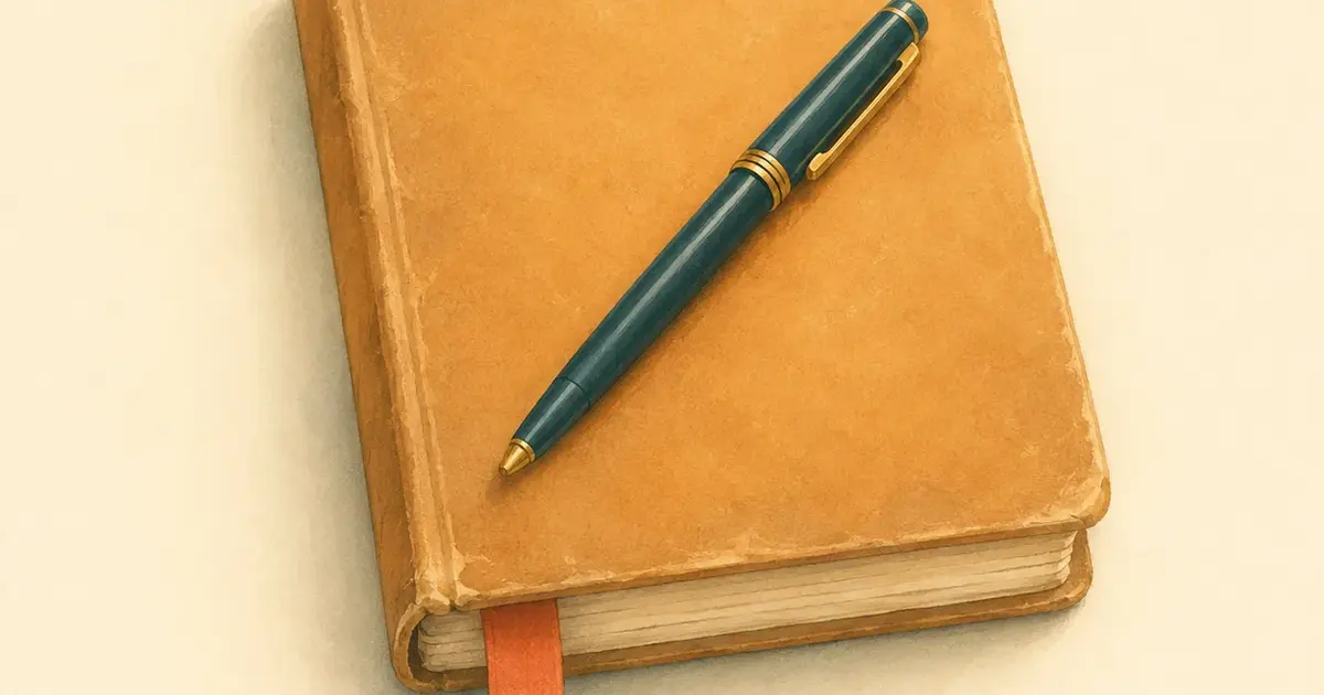 Livro de idiomas desgastado e fechado sobre fundo creme, com caneta e marcador de página coral ao lado