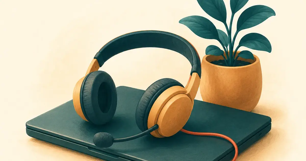 Headset com microfone apoiado sobre um notebook fechado em uma mesa de trabalho, com um vaso de planta ao lado