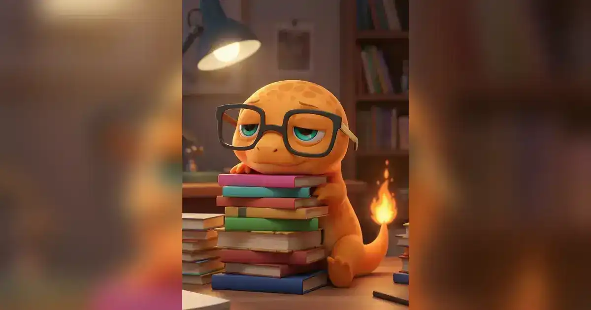 Mandra, a mascote da FalaMandra, de óculos e com cara de cansada, apoiada numa pilha de livros de estudo