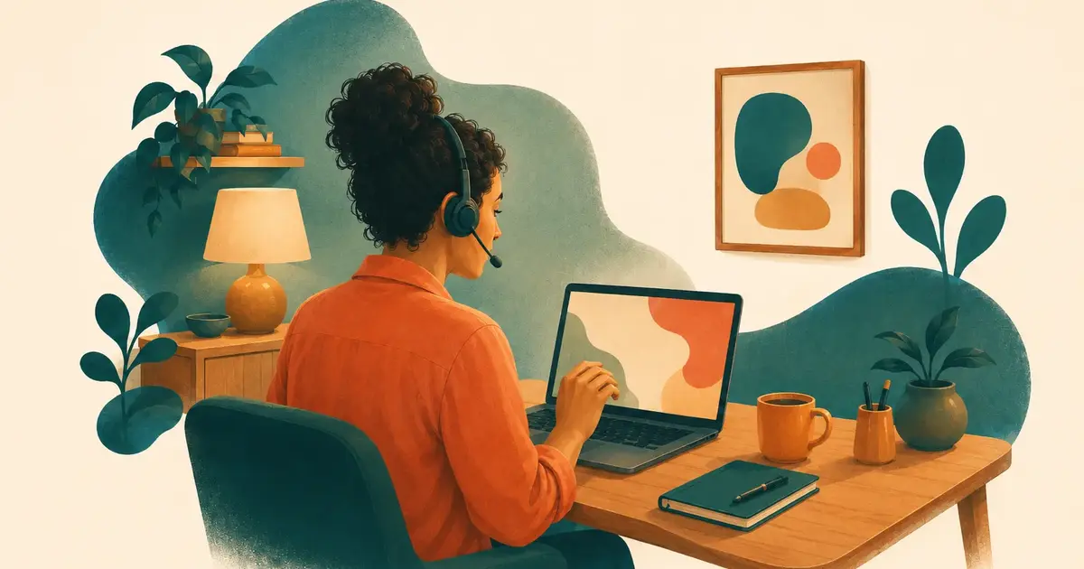 Pessoa de costas sentada em uma mesa de casa com headset e notebook, praticando conversação