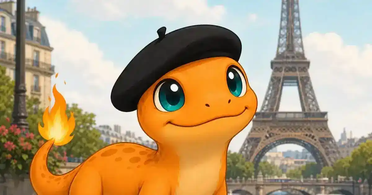 Mandra, a mascote da FalaMandra, de boina preta à beira do Sena, com a Torre Eiffel ao fundo