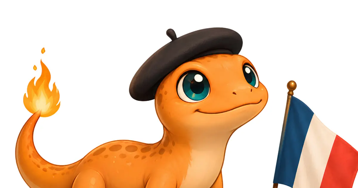 Mandra, a mascote da FalaMandra, de boina escura ao lado de uma bandeira da França, olhando pra cima com esperança