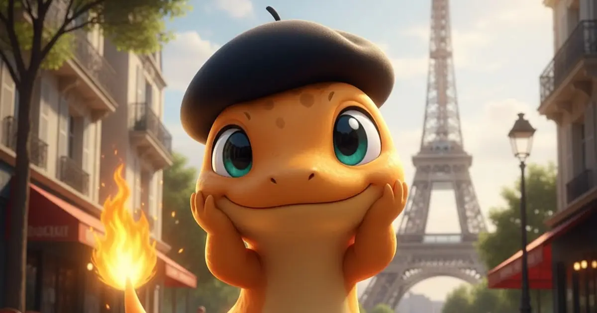 Mandra, a mascote da FalaMandra, de boina numa rua de Paris com a Torre Eiffel ao fundo