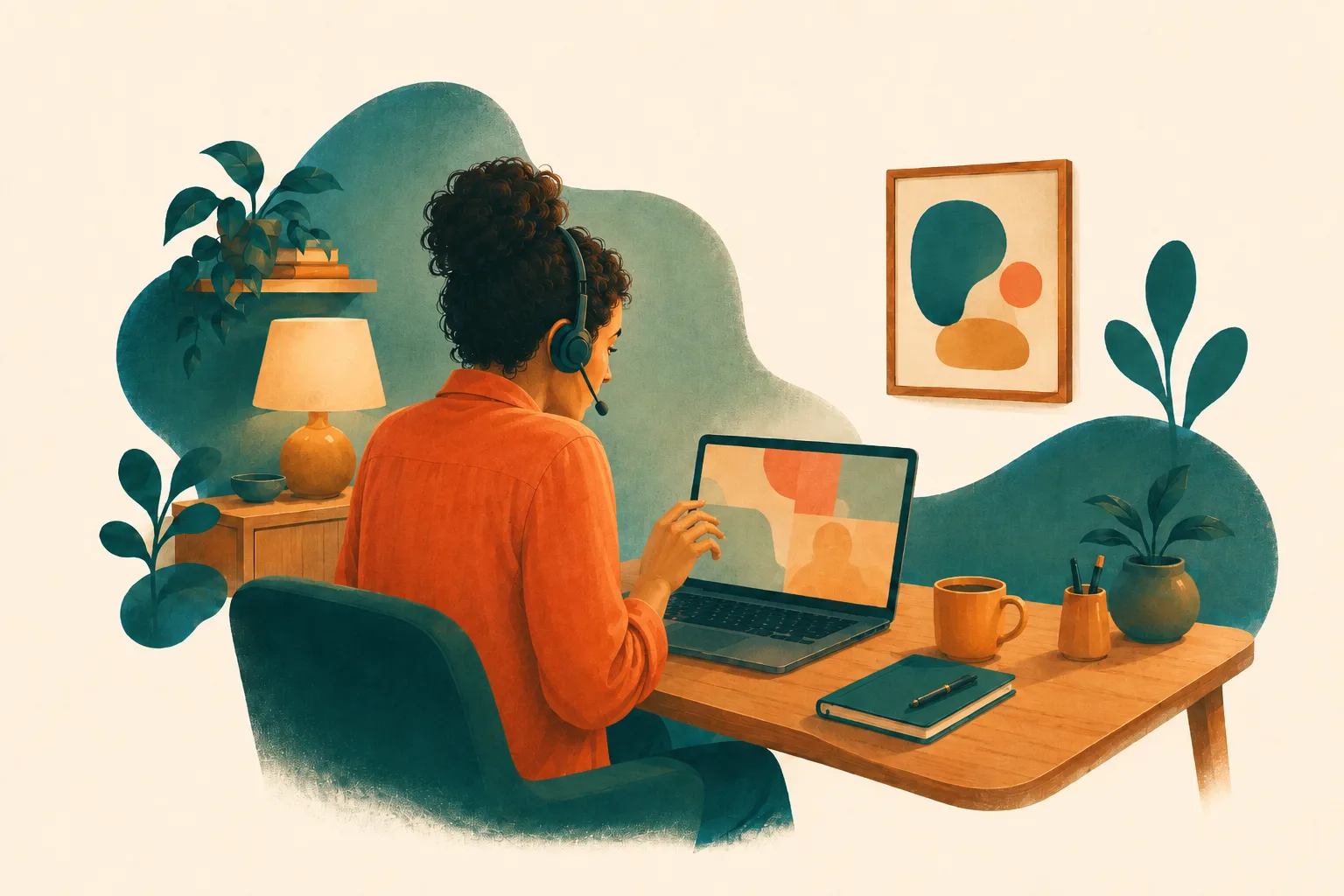 Adulto em reunião online travando na hora de falar inglês, com a mão parada sobre o teclado